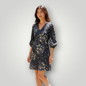 LOFT Floral V-Neck Dress‎ Womens S Multicolor Elastic Waist Long Sleeves